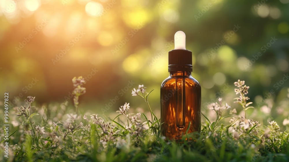 Essential oil bottle placed on a table surrounded by grass featuring a natural backdrop and ample space for text Essential oil bottle placed on a table surrounded by grass featuring a natural backdrop and ample space for text
