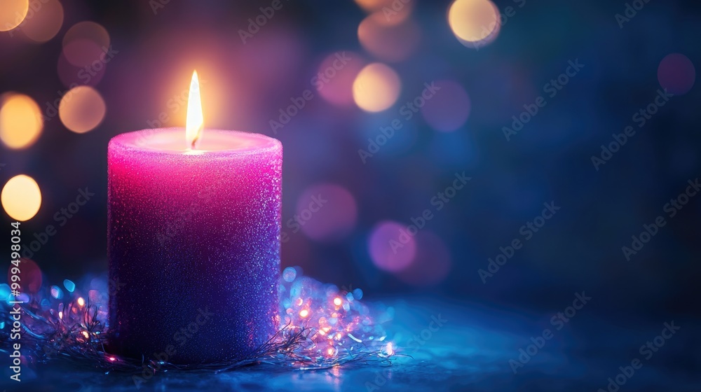 Purple candle glowing against a dark blue backdrop with soft blurred lights and shimmering details creating a mystical ambiance associated with spiritual rituals Purple candle glowing against a dark blue backdrop with soft blurred lights and shimmering details creating a mystical ambiance associated with spiritual rituals