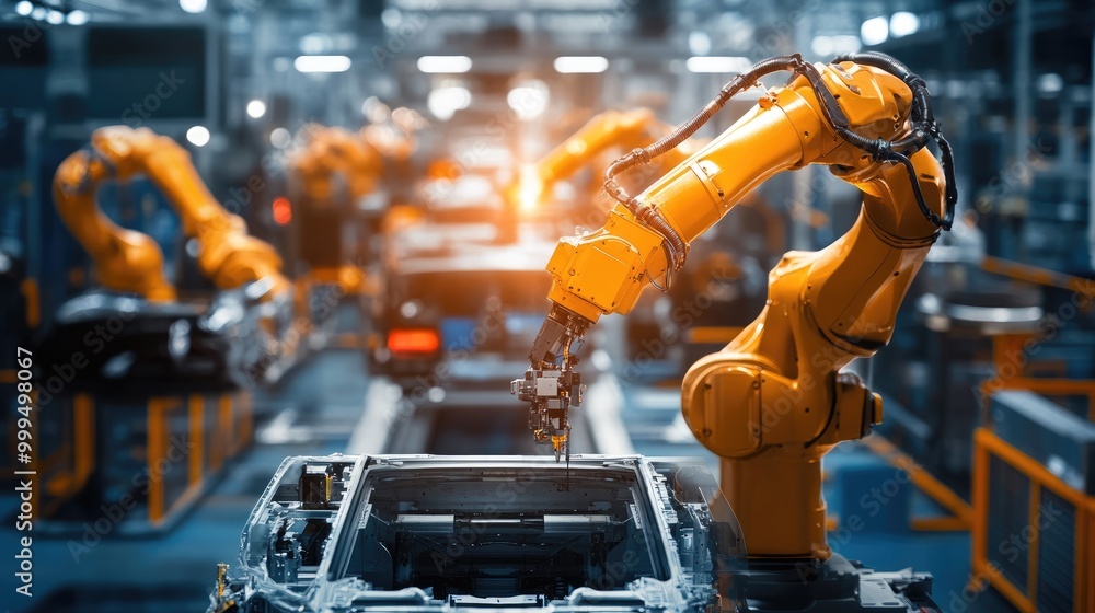 Automated robotic arm in operation within an automotive manufacturing setting Automated robotic arm in operation within an automotive manufacturing setting