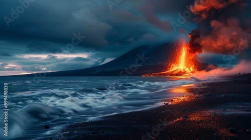 The darkness panoramic explore of volcano running into beach