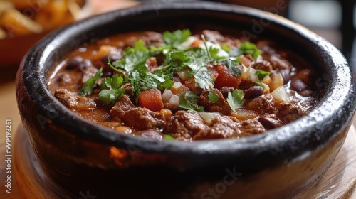 Savory red chile con carne featuring beef and beans served in a traditional black clay pot