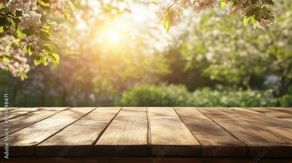 Wooden table set against a soft focus spring garden backdrop featuring bokeh effects High quality image Wooden table set against a soft focus spring garden backdrop featuring bokeh effects High quality image