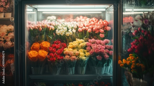 Fototapeta Naklejka Na Ścianę i Meble -  Florist opens a glass fridge in a flower shop displaying a selection of fresh vibrant flowers for spring bouquets