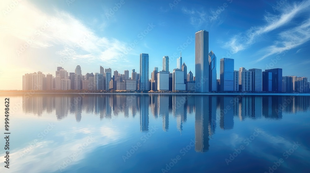 Obraz premium City skyline mirrored on a calm water surface