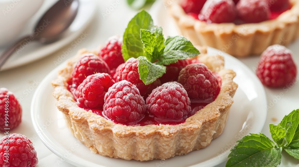 Almond Crusted Raspberry Tarts Topped with Fresh Mint Almond Crusted Raspberry Tarts Topped with Fresh Mint