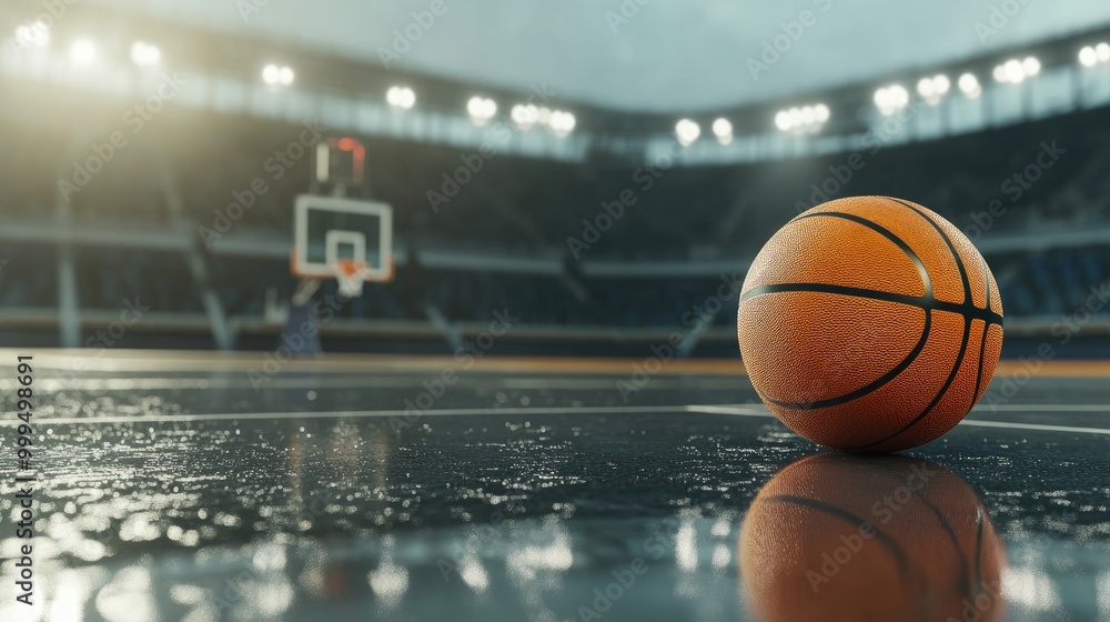 Obraz premium Orange ball on a basketball court with a stadium in the background capturing the essence of a competitive basketball game