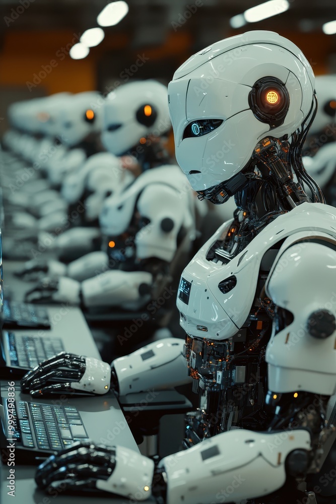 Fototapeta premium Futuristic Robots Working in a High-Tech Office Environment with Advanced Computers and Technology