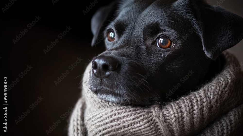 Closeup of a black dog in a cozy scarf gazing intently set against a dark backdrop showcasing the essence of pet care Closeup of a black dog in a cozy scarf gazing intently set against a dark backdrop showcasing the essence of pet care
