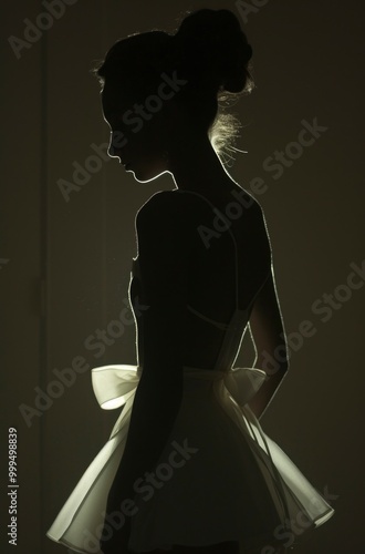 A silhouette of a woman in a white dress, standing in a dark room, with light coming from behind her.