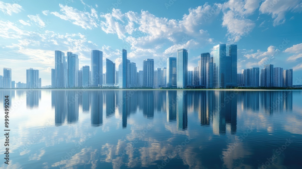 City skyline mirrored on a calm water surface City skyline mirrored on a calm water surface