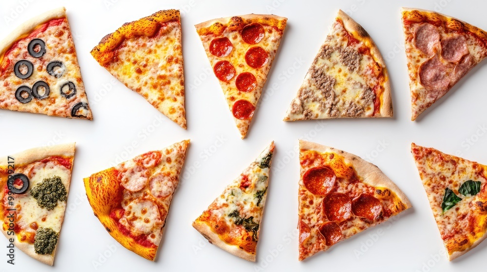 Diverse assortment of pizza slices displayed against a clean white backdrop Diverse assortment of pizza slices displayed against a clean white backdrop