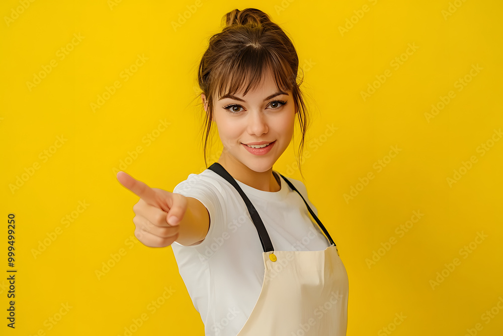 Restaurant waiter Russian girl isolated on yellow background points finger at you with a confident expression Restaurant waiter Russian girl isolated on yellow background points finger at you with a confident expression