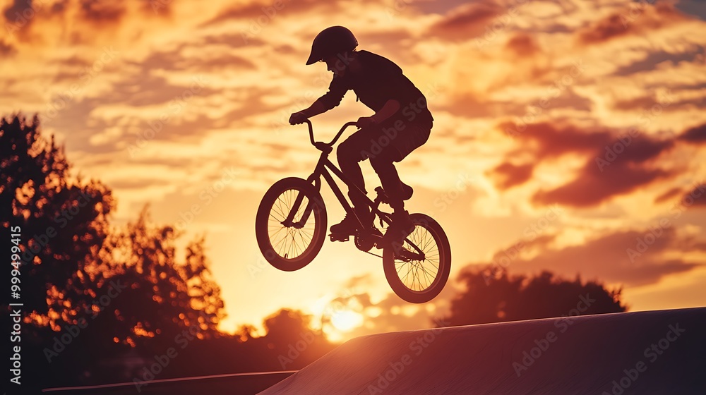 Naklejka premium Silhouette of BMX Rider Leaping Against a Dramatic Sunset