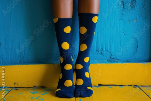 A pair of blue polka dot socks on a woman's legs against a blue wall. The bright yellow dots add a touch of color and fun to the image.