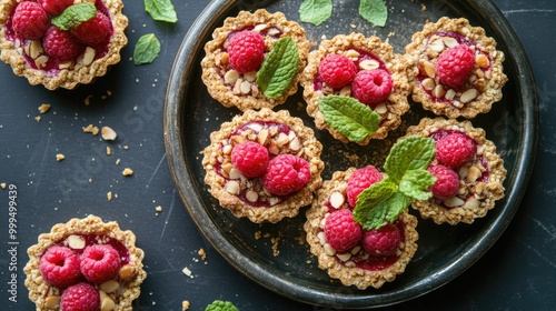 Almond Crusted Raspberry Tarts Topped with Fresh Mint photo