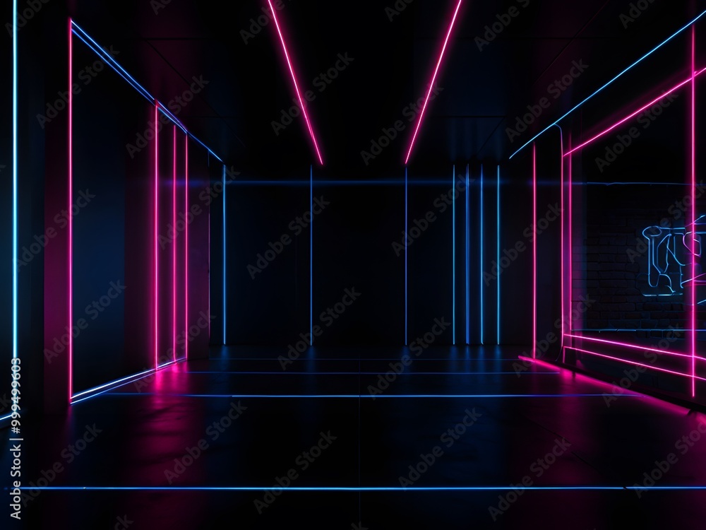 A room with a wall of neon lights. A room with a wall of neon lights.
