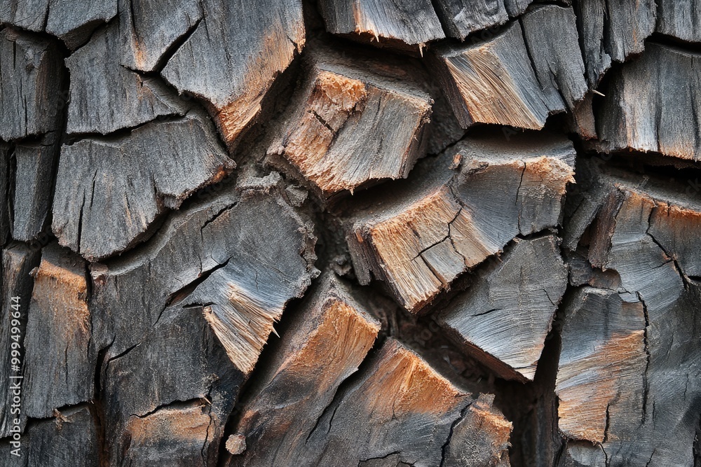 Splintered wood texture, showing sharp, jagged pieces protruding from a broken edge