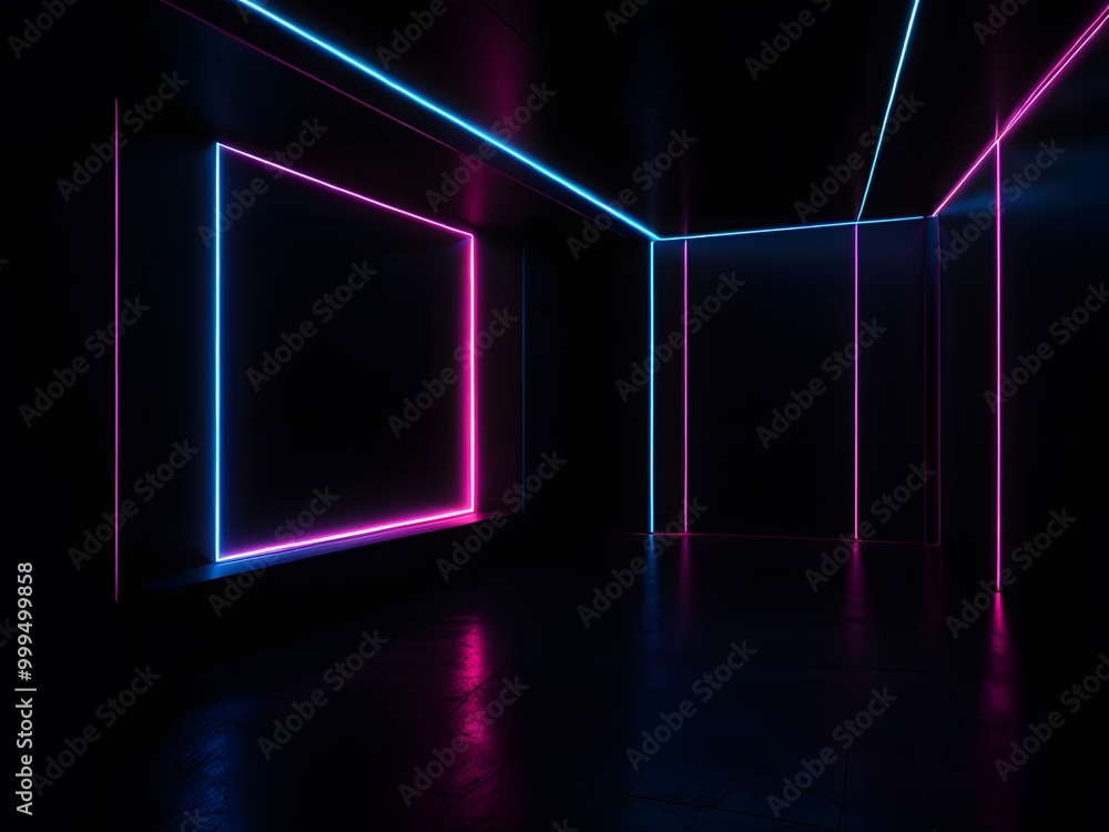 A room with a wall of neon lights. A room with a wall of neon lights.