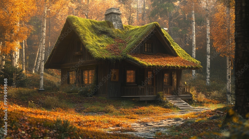 Cozy retreat concept featuring a rustic cabin with a moss covered roof surrounded by autumn foliage in a tranquil forest setting Cozy retreat concept featuring a rustic cabin with a moss covered roof surrounded by autumn foliage in a tranquil forest setting