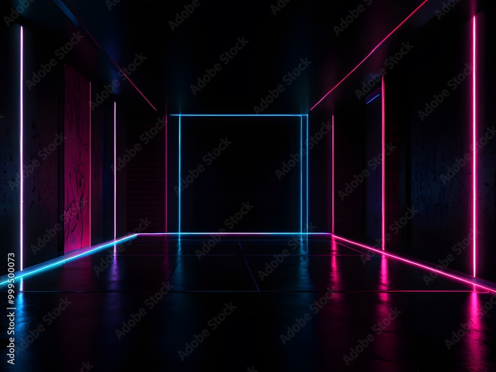 A room with a wall of neon lights. A room with a wall of neon lights.