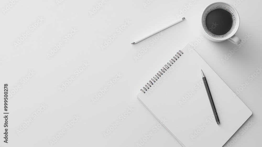 A flat lay of a minimalist desk setup, featuring only essential items like a notebook, a pen, and a coffee cup on a plain surface A flat lay of a minimalist desk setup, featuring only essential items like a notebook, a pen, and a coffee cup on a plain surface