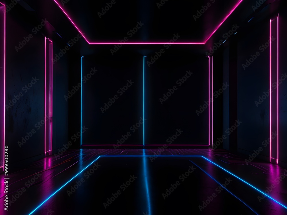 A room with a wall of neon lights. A room with a wall of neon lights.