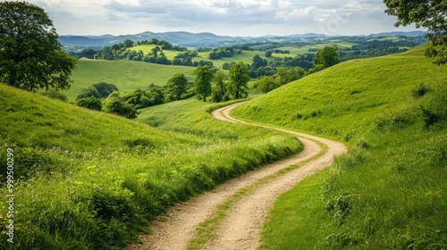 Curving dirt path meandering through lush green hills on a sunny summer day in a rural landscape