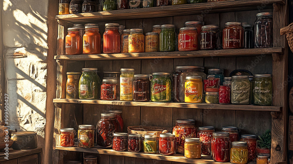 A rustic wooden shelf filled with colorful homemade preserves and jars of seasonal vegetables A rustic wooden shelf filled with colorful homemade preserves and jars of seasonal vegetables