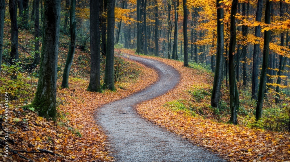 Winding forest path surrounded by vibrant autumn leaves Winding forest path surrounded by vibrant autumn leaves