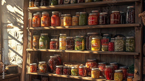 Wallpaper Mural A rustic wooden shelf filled with colorful homemade preserves and jars of seasonal vegetables Torontodigital.ca