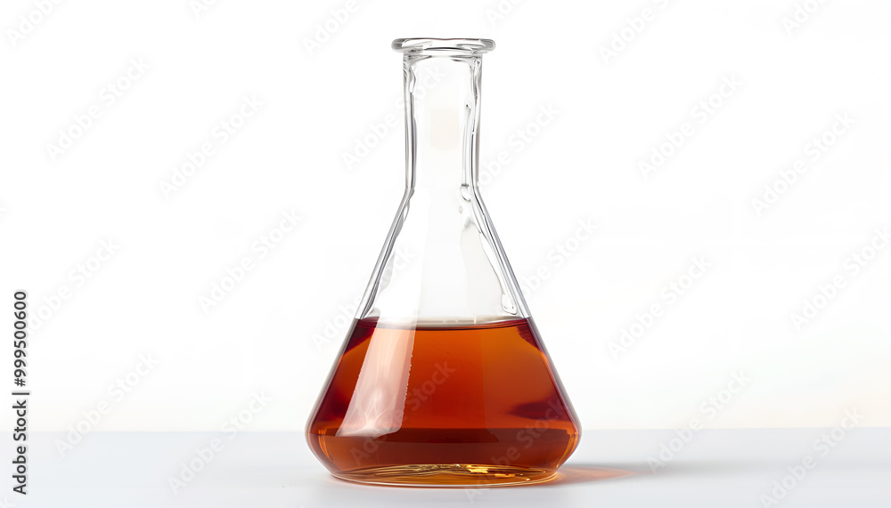 Florence flask with liquid on white background. Chemistry glassware Florence flask with liquid on white background. Chemistry glassware
