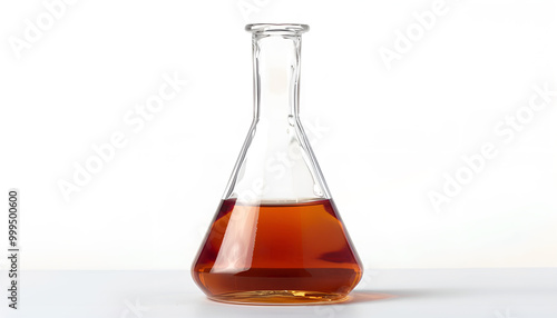 Florence flask with liquid on white background. Chemistry glassware