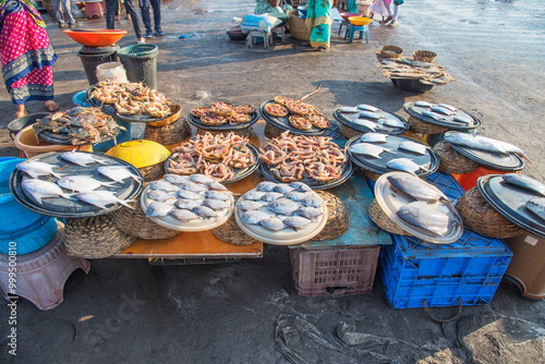 A fresh catch of sea food, fish for sale at Harne or Harnai Bandar or Port, Harne or Harnai, Dapoli, Konkan, Maharashtra, India, Asia photo