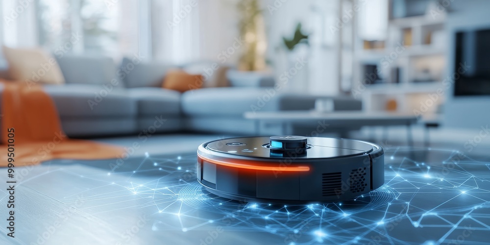 an AI-driven robot vacuum, with sensors mapping the environment and AI algorithms optimizing the cleaning paths for efficient home automation. an AI-driven robot vacuum, with sensors mapping the environment and AI algorithms optimizing the cleaning paths for efficient home automation.