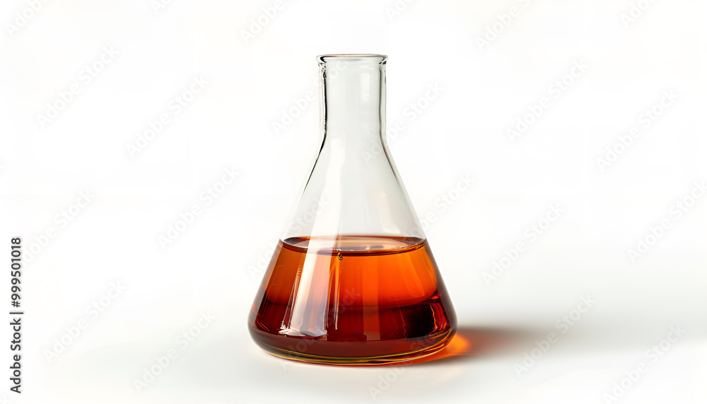 Florence flask with liquid on white background. Chemistry glassware Florence flask with liquid on white background. Chemistry glassware