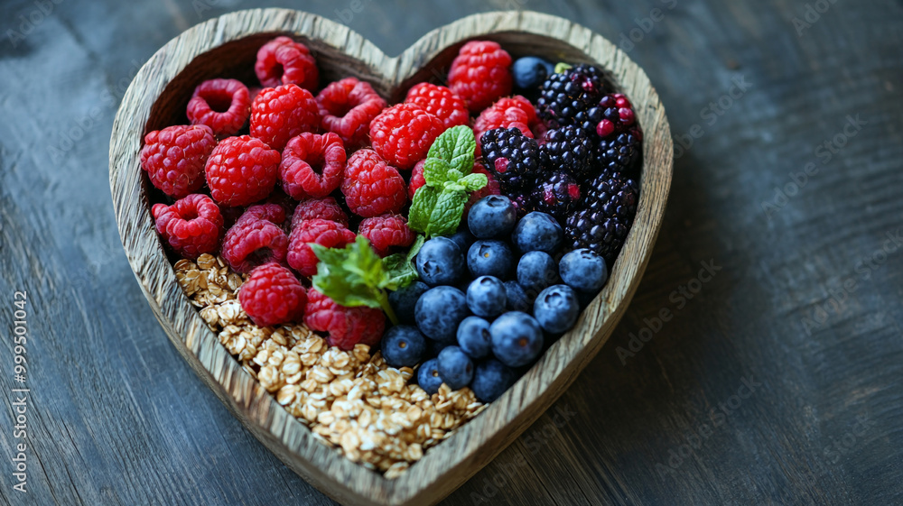 Healthy heart-shaped fruit bowl featuring raspberries, blueberries, and oats on a wooden table