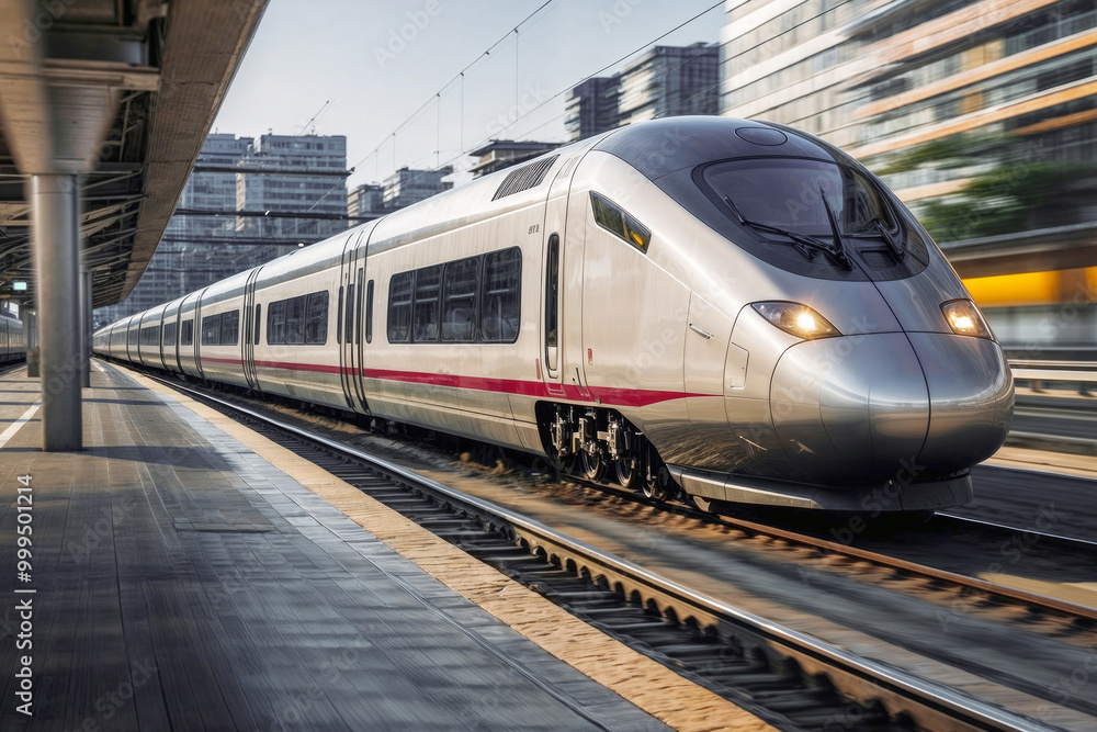 Naklejka premium A silver train is moving down the tracks at a train station. The train is long and sleek, and it is moving quickly