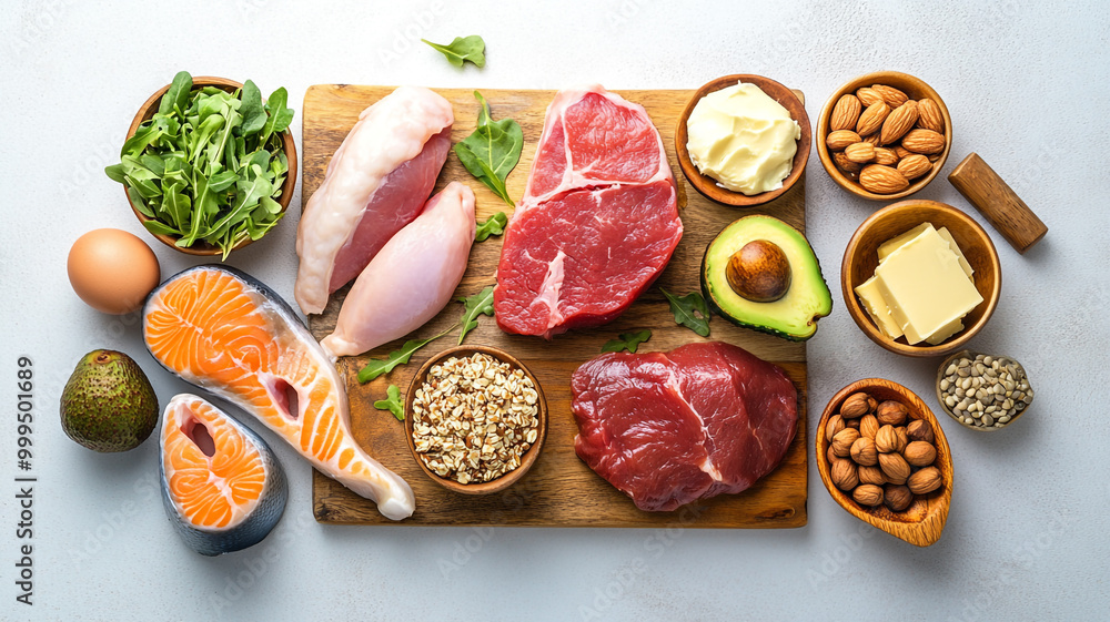 Variety of fresh meats and healthy ingredients arranged on a wooden board for meal preparation Variety of fresh meats and healthy ingredients arranged on a wooden board for meal preparation