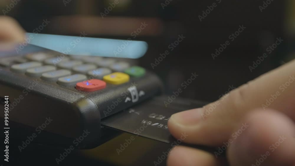 Credit card machine for money transaction. Man hand with credit card swipe through pos terminal and enter pin code. Banking services of electronic money. Financial success and safety. Credit card machine for money transaction. Man hand with credit card swipe through pos terminal and enter pin code. Banking services of electronic money. Financial success and safety.