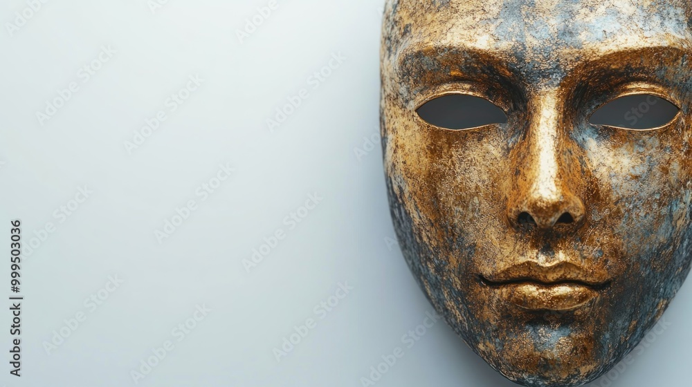 A close-up of an ornate, weathered mask with golden accents. A close-up of an ornate, weathered mask with golden accents.
