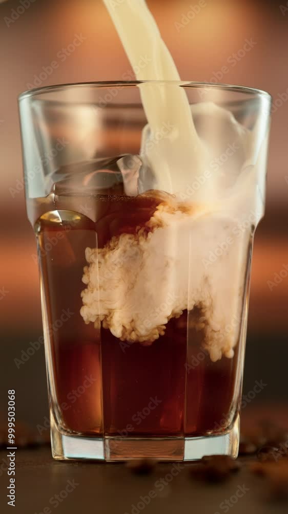 Super Slow Motion Shot of Pouring Milk into Ice Coffee , Filmed on High Speed CInematic Camera Super Slow Motion Shot of Pouring Milk into Ice Coffee , Filmed on High Speed CInematic Camera