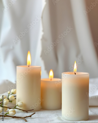 burning white candles on the table