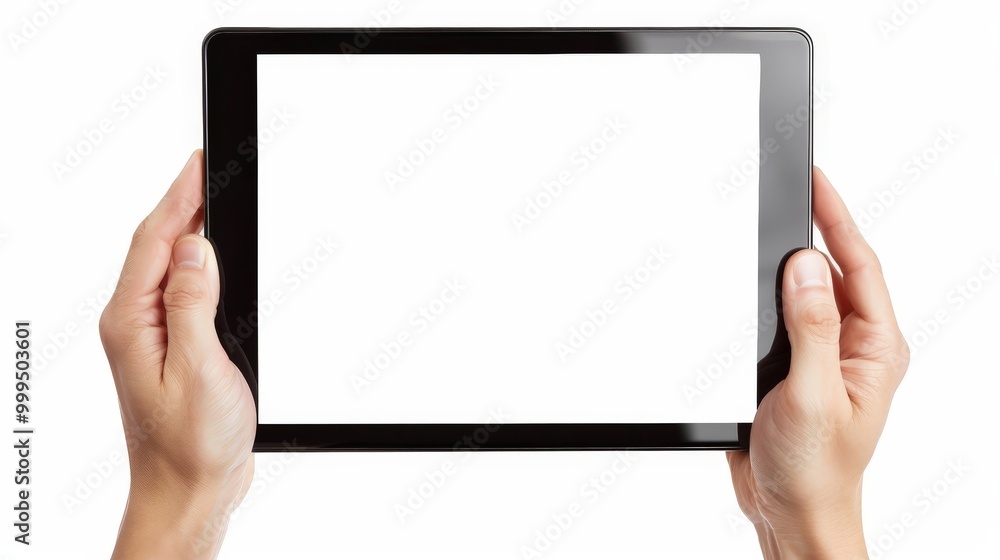 Hands Holding a Tablet with Blank White Screen Isolated On White Hands Holding a Tablet with Blank White Screen Isolated On White