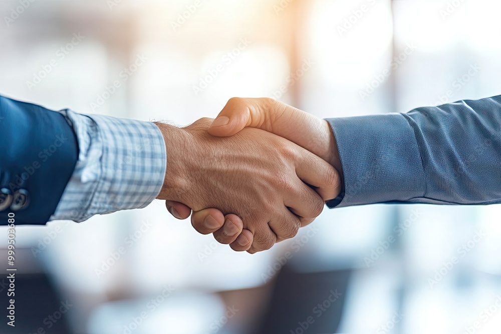 Businessman shaking hands with a partner in a formal office setting, sealing a business deal Businessman shaking hands with a partner in a formal office setting, sealing a business deal