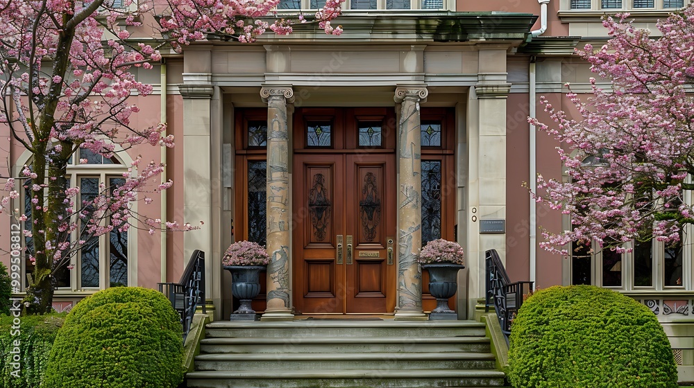 The exquisite front door of a lavish home decked out for spring