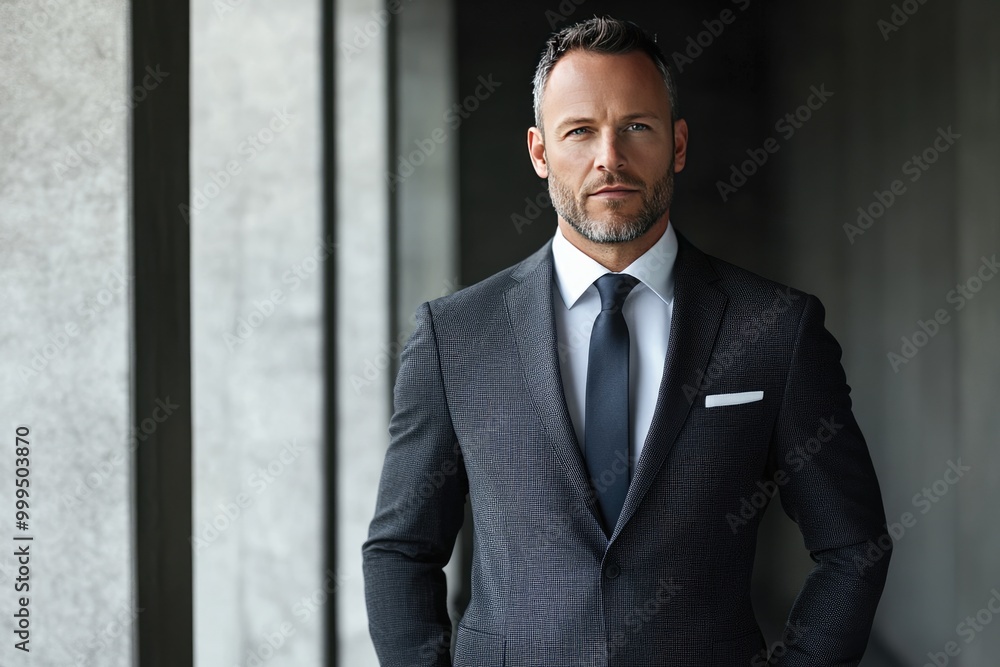 Businessman wearing a well-tailored suit, standing confidently in a corporate setting Businessman wearing a well-tailored suit, standing confidently in a corporate setting