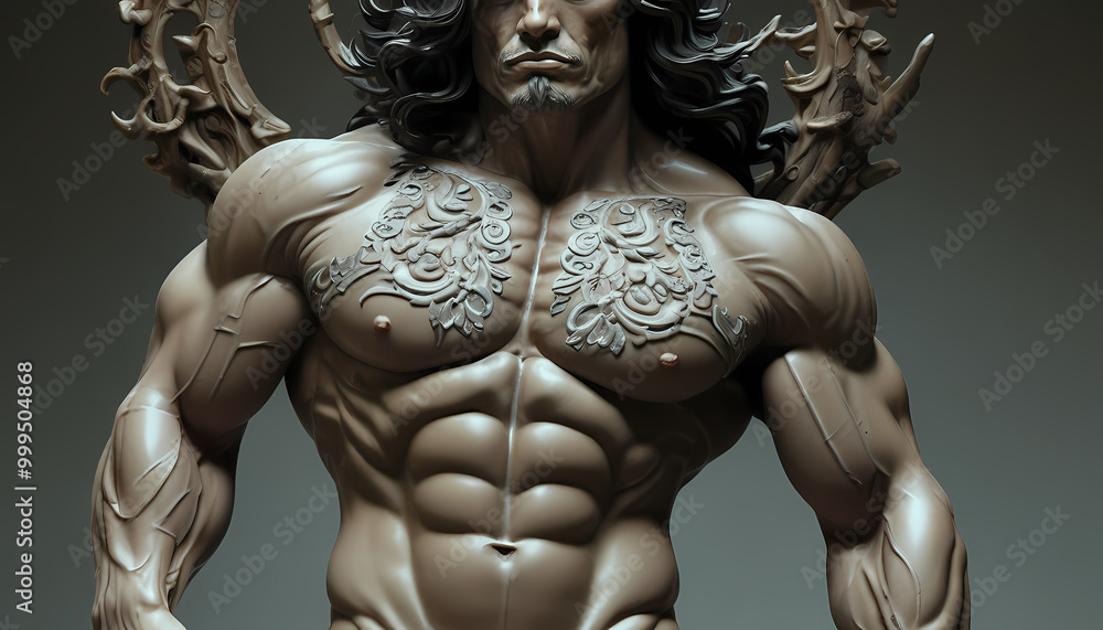 A close-up of a glamour sculpture of a man. It is a muscular mythical hero with a complex design and many details A close-up of a glamour sculpture of a man. It is a muscular mythical hero with a complex design and many details