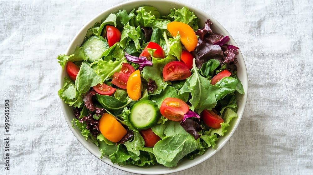 Fresh salad with lettuce, tomatoes, and cucumbers in a white bowl. Fresh salad with lettuce, tomatoes, and cucumbers in a white bowl.