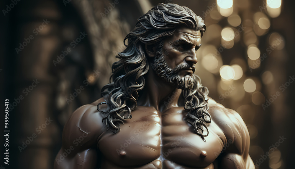 A close-up of a glamour sculpture of a man. It is a muscular mythical hero with a complex design and many details A close-up of a glamour sculpture of a man. It is a muscular mythical hero with a complex design and many details