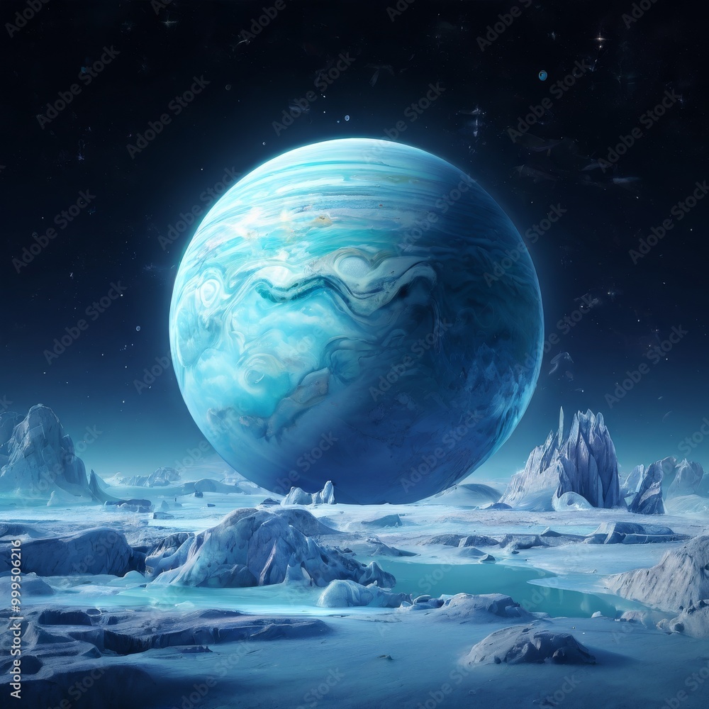A stunning icy alien landscape with a large blue gas planet looming above the horizon. The scene captures a cold, otherworldly atmosphere, filled with rugged ice formations and serene frozen lakes A stunning icy alien landscape with a large blue gas planet looming above the horizon. The scene captures a cold, otherworldly atmosphere, filled with rugged ice formations and serene frozen lakes